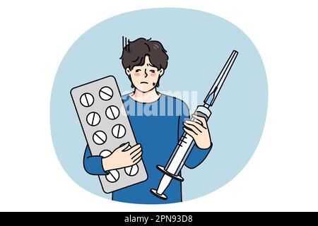 Un jeune homme malsain avec des pilules et une seringue reçoivent un traitement du virus Covid-19.Mec malade avec des médicaments guérir de la maladie de coronavirus.Problème de grippe ou de fièvre.Illustration vectorielle. Illustration de Vecteur