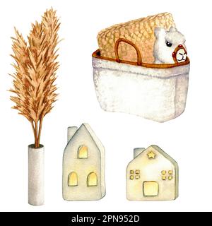 Clip art céramique maisons lanternes, vase avec fleurs séchées, panier en osier, jouet lama. Aquarelle illustration de l'intérieur de la salle de séjour. Décoration intérieure Banque D'Images