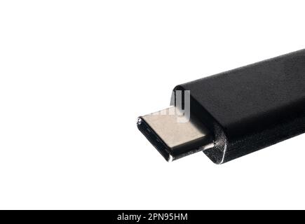 Fiche mâle de câble USB-C noir et argent ultra-proche avec espace de copie sur fond blanc concept pour téléphone cellulaire à charge standard et électron normé Banque D'Images