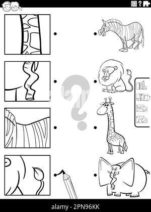 Dessin animé noir et blanc illustration du jeu éducatif correspondant avec des personnages animaux et des coupures page de coloriage Illustration de Vecteur