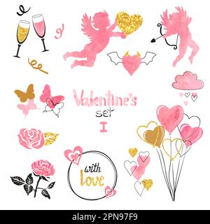 Set de Saint-Valentin. Collection de cupids et d'éléments romantiques pour le motif de carte de voeux dans les couleurs rose, noir et or. Illustration vectorielle Illustration de Vecteur