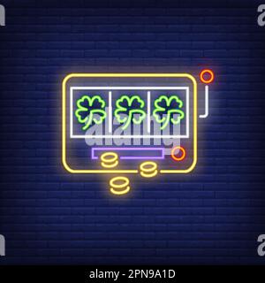 Machine à sous avec trois feuilles de trèfle enseigne néon Illustration de Vecteur