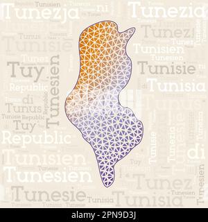 Conception de carte Tunisie. Noms de pays dans différentes langues et forme de carte avec des triangles poly géométriques bas. Illustration vectorielle soignée de la Tunisie. Illustration de Vecteur