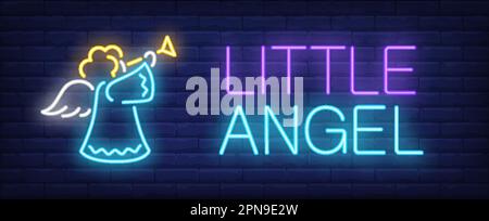 Petit ange fluo texte avec mignon ange soufflant trompette Illustration de Vecteur
