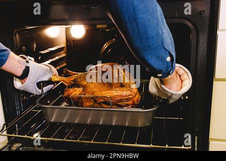 Homme méconnaissable prenant de la dinde croustillante prête du four, préparation de nourriture de Thanksgiving Banque D'Images