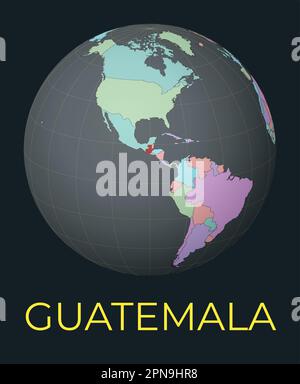 Carte du monde centrée sur le Guatemala. Pays rouge mis en surbrillance. Vue satellite du monde centrée sur le pays avec le nom. Illustration vectorielle. Illustration de Vecteur