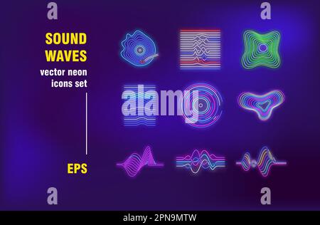 Ensemble de panneaux néon à ondes sonores Illustration de Vecteur