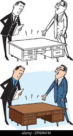 Un dessin animé rétro vintage d'un homme obtenant un nouveau bureau dans une promotion. Illustration de Vecteur