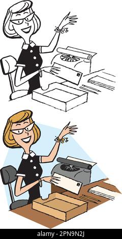 Une caricature rétro vintage d'une secrétaire travaillant à son bureau. Illustration de Vecteur