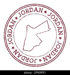 Timbre rond en caoutchouc Jordan avec carte des pays. Timbre passeport rouge vintage avec texte circulaire et étoiles, illustration vectorielle. Illustration de Vecteur