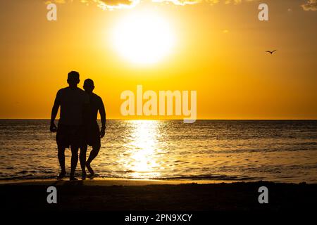 Silhouette de deux hommes marchant sur la plage au coucher du soleil. Banque D'Images
