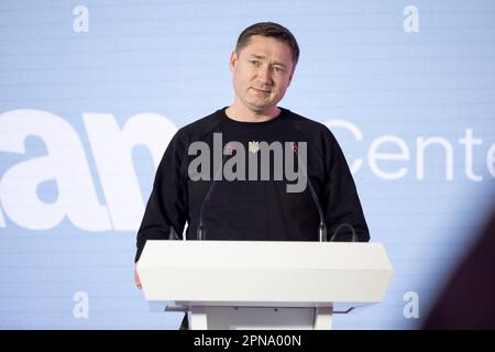 Wynnyky, Ukraine. 14 avril 2023. Le gouverneur ukrainien de la région de Lviv, Maksym Kozytsky, prononce des remarques lors de l'inauguration du Centre médical de réadaptation et de prothèses humaines, 14 avril 2023, à Lviv, en Ukraine. Credit: Présidence de l'Ukraine/Bureau de presse présidentiel ukrainien/Alamy Live News Banque D'Images