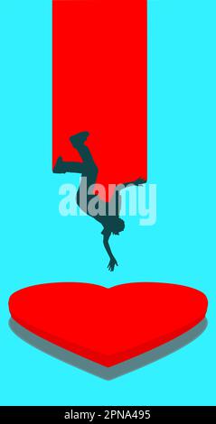 Un homme tombe amoureux, ce qui est illustré par un coussin en forme de coeur pour adoucir son atterrissage dans cette image vectorielle. Illustration de Vecteur