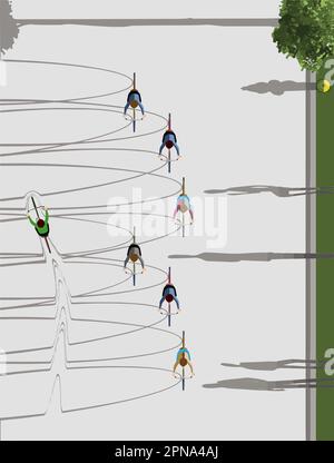 Les cyclistes sont vus d'un angle élevé projetant des ombres sur la chaussée dans une image vectorielle. Illustration de Vecteur