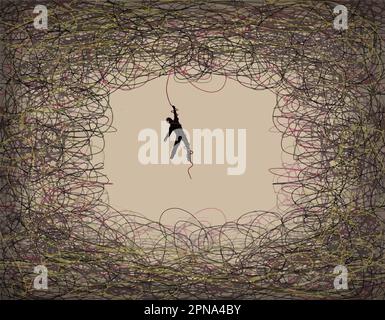 Un homme pend par un fil d'une masse de fil enchevêtrée dans cette métaphore visuelle de la vie qui est une illustration vectorielle. Illustration de Vecteur