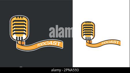 Modèle de logo de podcast avec microphone et bannière de couleur jaune Illustration de Vecteur