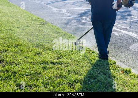 Il y a un employé municipal qui tond de l'herbe verte fraîche près de la tondeuse à main Banque D'Images