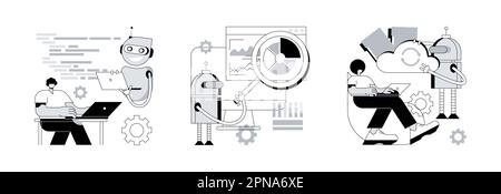 Jeu d'illustrations vectorielles de concept abstrait de logiciel basé sur ai. Architecture d'automatisation ouverte, automatisation des processus robotisés, intelligence artificielle dans le cloud, métaphore abstraite de l'apprentissage à distance des machines. Illustration de Vecteur