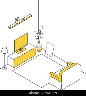 Trouver une chambre à louer: Salon, TV et canapé simple isométrique, Vector Illustration Illustration de Vecteur