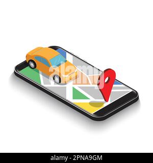 Télévision 3D isométrique de la carte gps l'utilisation de la voiture de l'application de navigation sur smartphone. La technologie de navigation GPS Mobile site concept. Illustration de Vecteur