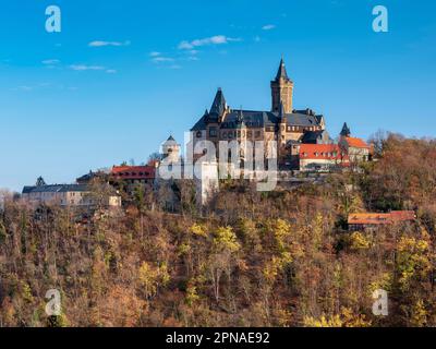 Vue sur le château de Wernigerode en automne, Wernigerode, montagnes de Harz, Saxe-Anhalt, Allemagne Banque D'Images