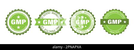 Jeu de badges ronds GMP. Autocollants industriels certifiés pour les produits avec étiquette bonnes pratiques de fabrication Illustration de Vecteur