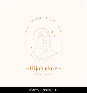 Logo du magasin hijab. Femme arabe abstraite en lunettes de soleil. Silhouette féminine dessinée à la main dans la coiffure musulmane. Illustration vectorielle sur une seule ligne Illustration de Vecteur