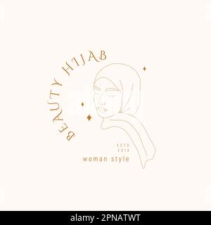 Modèle de logo hijab beauté. Portrait féminin élégant dans un style minimaliste tendance. Illustration de vecteur linéaire Illustration de Vecteur