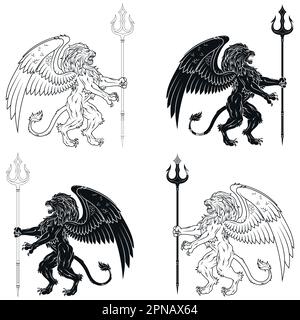 Motif vectoriel de lion rampant ailé avec trident, lion héraldique avec ailes, créature fantaisiste ailé Illustration de Vecteur