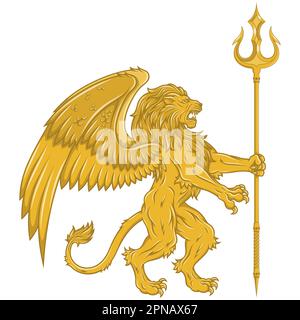 Motif vectoriel de lion rampant ailé avec trident, lion héraldique avec ailes, créature fantaisiste ailé Illustration de Vecteur