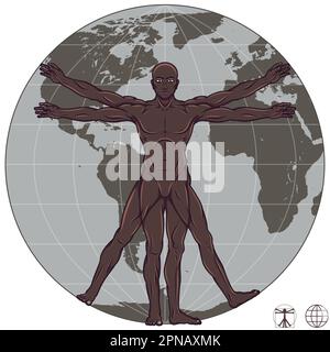 Conception vectorielle de l'homme vitruvien de Léonard de Vinci, Etude des proportions idéales du corps humain, avec la planète Terre en arrière-plan Illustration de Vecteur