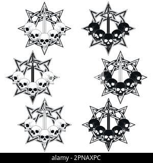 Illustration de crânes avec épée et étoile à 8 pointes en arrière-plan, art traditionnel, niveaux de gris Illustration de Vecteur