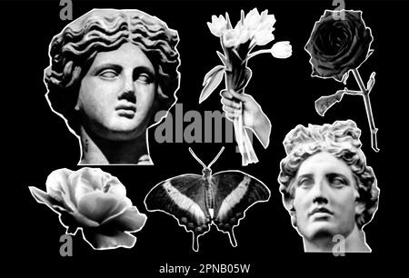 Éléments de montage en demi-ton dans un style de magazine tendance. Statue, rose, fleur, papillon. Illustration vectorielle avec formes de découpe punk vintage grunge Illustration de Vecteur