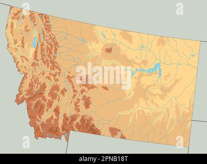 Carte physique du Montana très détaillée. Illustration de Vecteur