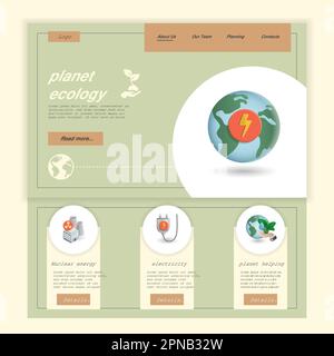 Modèle de site Web de page d'accueil plate planète écologie. L'énergie nucléaire, l'élétricité, l'aide à la planète. Bannière Web avec en-tête, contenu et pied de page. Vecteur Illustration de Vecteur