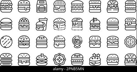 Les icônes de hamburger définissent le vecteur de contour. Hamburger alimentaire. Triple pain Illustration de Vecteur