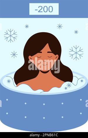 Femme paisible dans un cryosauna illustration de vecteur de thérapie de glace pour les lésions bénignes et malignes. Cryothérapie corps entier. Traitement par gel indolore pour une meilleure santé. Illustration de Vecteur