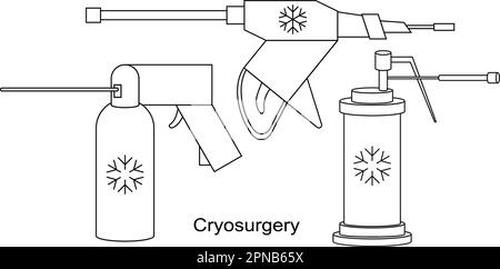 Instruments Cryo pour l'illustration de lignes vectorielles de cryochirurgie. Refroidissement à l'azote liquide pour traitement cryogénique. Traitement de la glace pour les lésions bénignes et malignes. Illustration de Vecteur