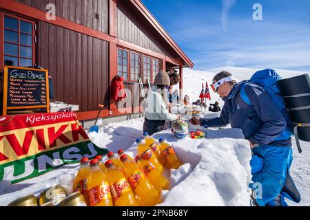 Café et bar en plein air à l'hébergement DNT Rondvassbu Lodge dans le parc national de Rondane, Norvège Banque D'Images