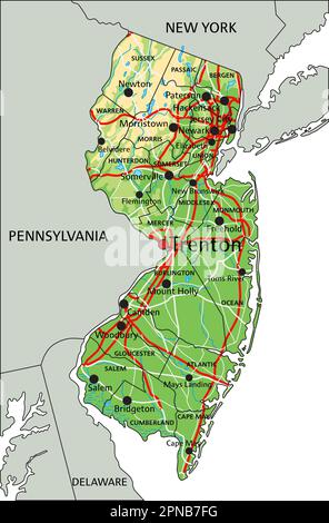Carte physique du New Jersey très détaillée avec étiquetage. Illustration de Vecteur