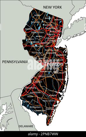 Carte routière détaillée du New Jersey avec étiquetage. Illustration de Vecteur