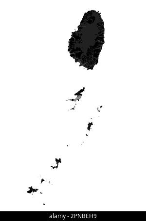 Carte noire de Saint Vincent et les Grenadines, pays insulaire des Caraïbes. Carte détaillée avec frontière administrative, littoral, mer et forêts, villes et Illustration de Vecteur