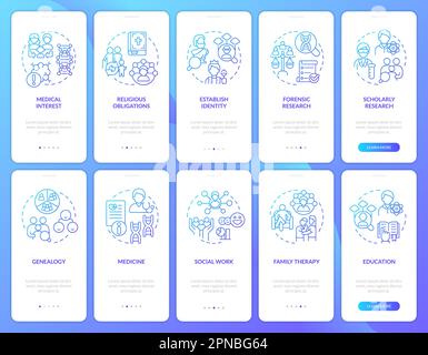 Ensemble d'écrans d'application mobile d'intégration à gradient bleu pour l'utilisation de l'arbre généalogique Illustration de Vecteur