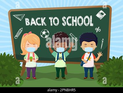 Les enfants adorables portent des masques de la rentrée Illustration de Vecteur