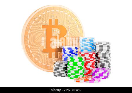 Jetons de casino avec bitcoin, 3D rendu isolé sur fond blanc Banque D'Images