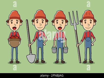 Personnage de cartoon Farmer avec jeu d'outils Illustration de Vecteur