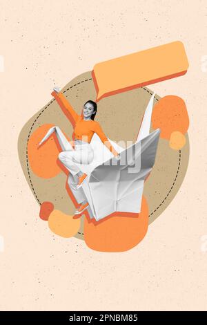 Image de collage vertical de mini noir blanc gamma fille s'assoir volant grand papier origami cygne espace vide dialogue bulle isolée sur fond beige