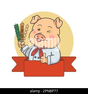 Cochon Chef tenant le logo de la mascotte des brochettes Illustration de Vecteur