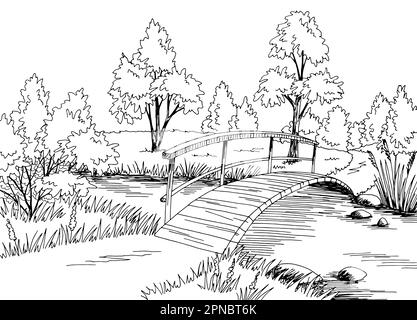 Pont graphique rivière noir blanc paysage dessin vecteur d'illustration Illustration de Vecteur