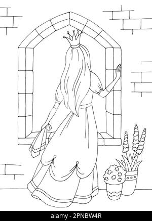 Princes debout près de la fenêtre graphique noir blanc coloriage illustration vecteur Illustration de Vecteur